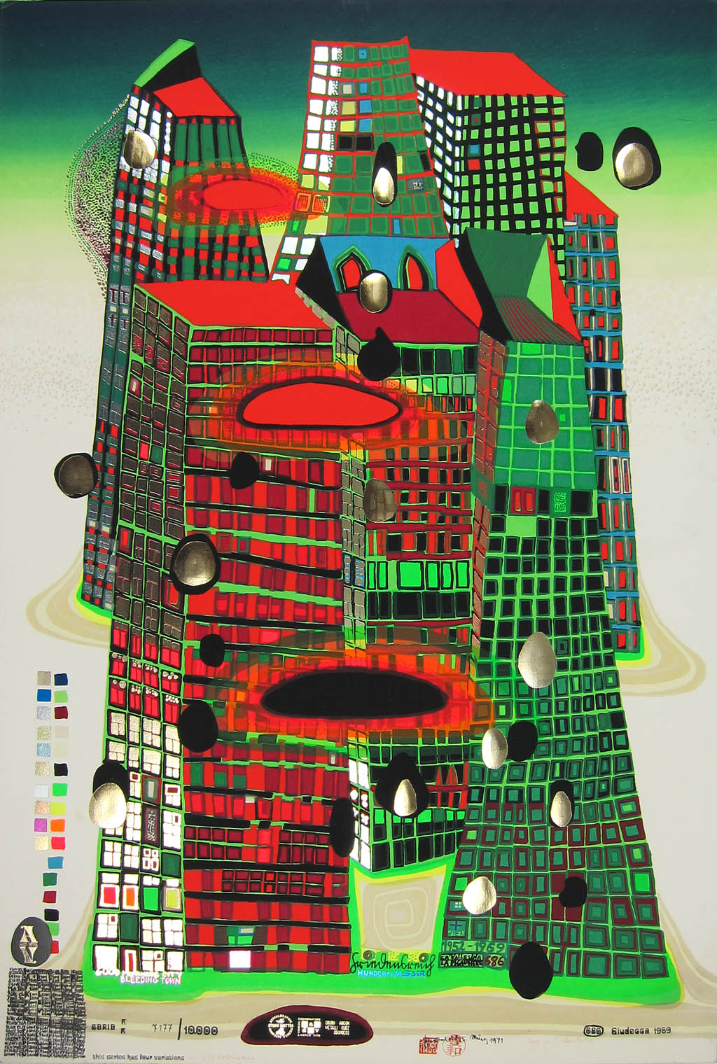 Hundertwasser - Good Morning City - Bleeding Town - series KK - 1969 color screenprint